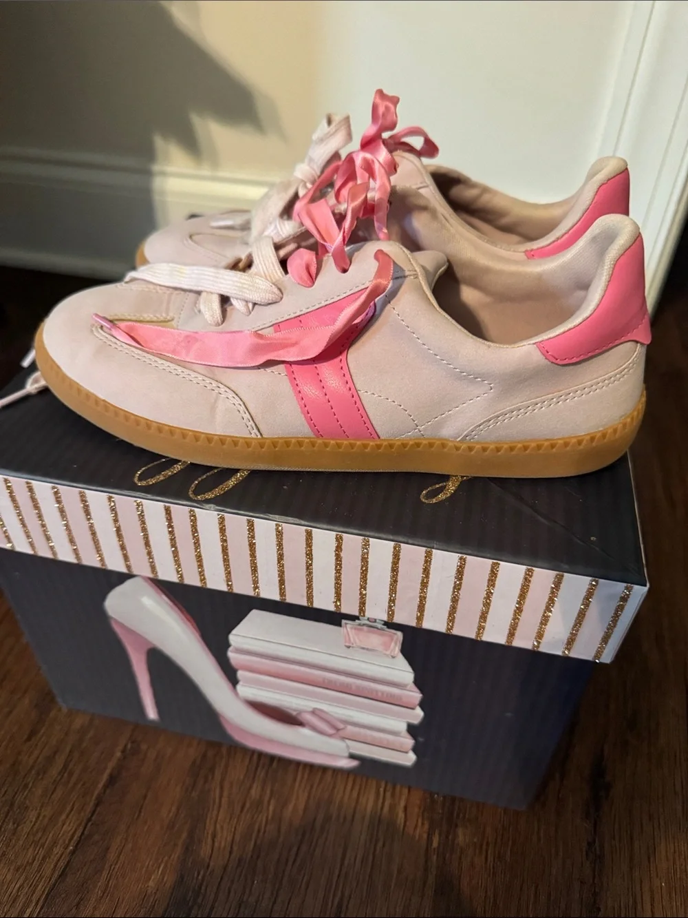 wonder nation Pink Suede Sneakers with Pink Satin Ribbon Laces